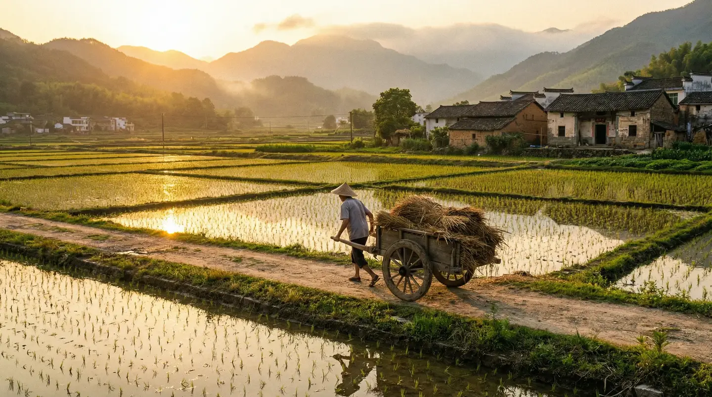 草草影院永久发布地址 - 金色夕阳下的乡村田野，老农推着木车行走在田埂上